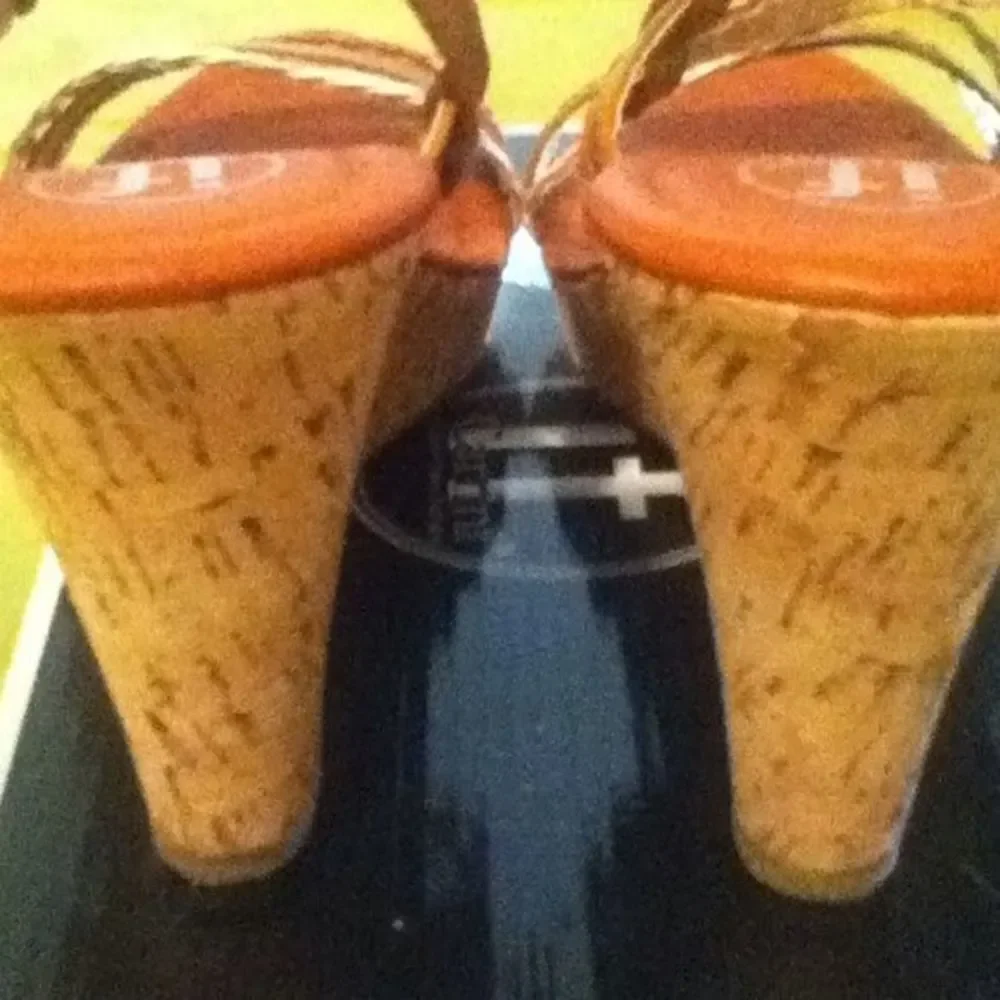 Ladies Tan Multicolor Braided Strap Wedges 8.5